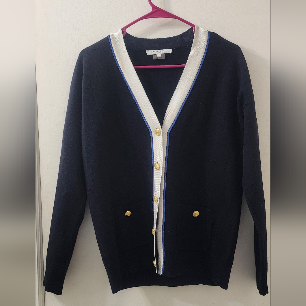 Navy Blue Cardigan With White Trim
